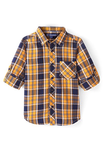 Pine kids قميص باين كيدز من القطن بأكمام طويلة وجيب واحد ومربعات - أصفر