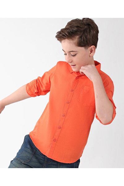 Pine kids قميص باين كيدز من القطن بأكمام طويلة وبلون سادة - برتقالي