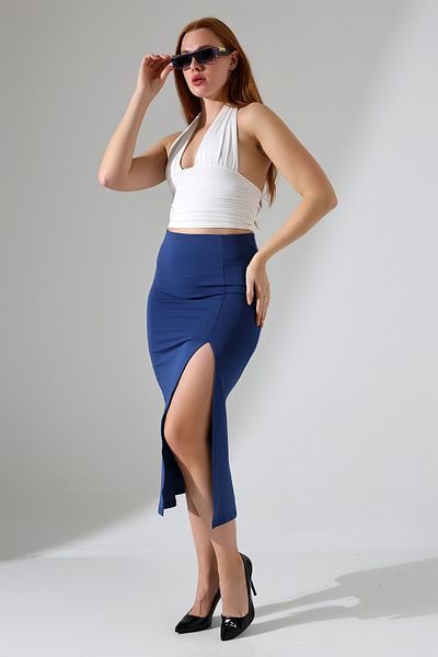 winmoda Fusta midi de damă din Lycra - cu fantă în față, material Lycra