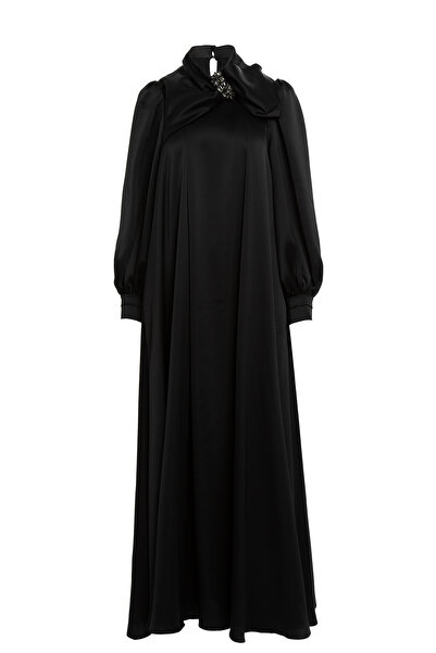 GİZİA Yakası Taş Detaylı Uzun Kollu Siyah Uzun Elbise