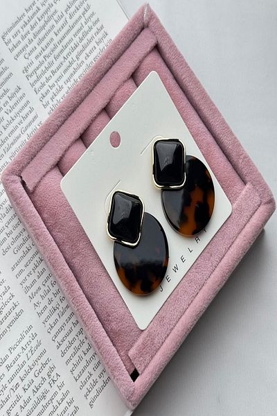 DEMOKAN Women's Earrings Vip Series Imported Zircon Square Round Model Black-Brown Non-Tarnish Earrings