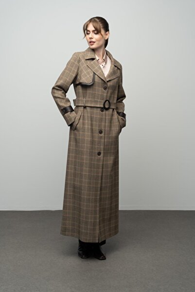Olcay Plaid Patterned Cloak and Leather Detailed Top Coat - TABA 6614