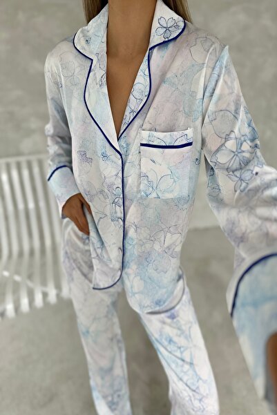 PijaLook Glow Mavi Renkli Lacivert Çizgli Saten Takım