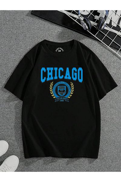DEEPSENCE Unisex Oversize Μαύρο T-shirt - CHICAGO Blue Logo