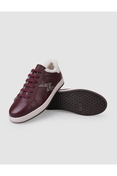 Cabani 100% Genuine Leather Burgundy Lace-Up Women's Sheepskin Sneakers