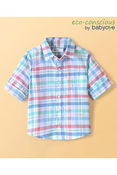 Babyoye قميص بيبيويي 100% قطني صديق للبيئة بأكمام طويلة ومربعات - أزرق