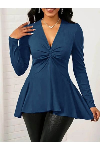MRA Fashion Women's Long Sleeve V-Neck Crossed Detailed Imported Crepe Blouse