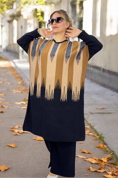 yagmurberen 100% Acrylic Fabric Large Size Bottom Top Set with Sim Streifen Pattern