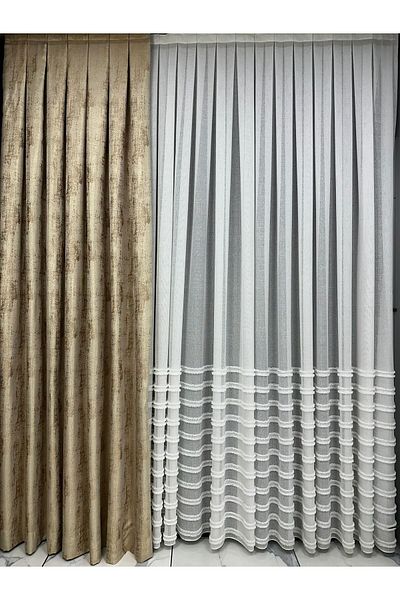 Erdoğanlar Koza Gold Glitter Honey Colored Background Curtain 1/3 Close Pleat