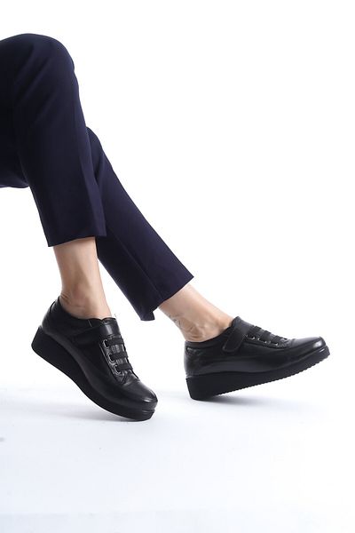 Modabuymus Caap Black Genuine Leather Anatomical Velcro Lightweight Comfortable Young Mother's Shoes