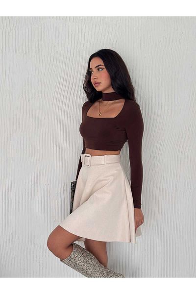 winmoda Suede Flared Skirt - Belted Suede Skirt
