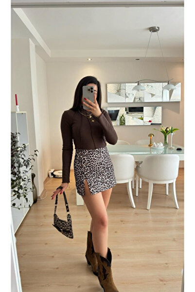BUSSE BUTİK Leopar şort etek önden yırtmaçlı