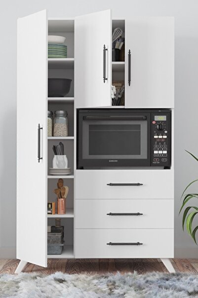 AEKA Ae-2074 Aras Beyaz Çok Amaçlı Mutfak Dolabı&banyo Dolabı, Kiler, 3 Kapaklı, 3 Çekmeceli, Fırın Bölme