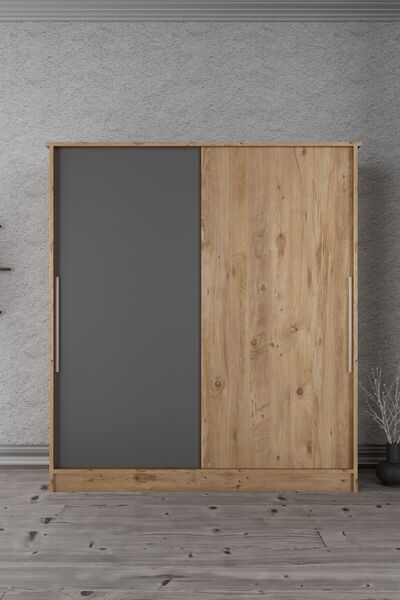 AEKA Ae-4001 Zambak Sürgülü Dolap Çok Raflı Çekmeceli Askılı Çam-antrasit Gri Gardırop