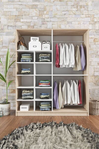 AEKA Ae-1059 Milano Beyaz Sonomo 4 Kapaklı Gardırop 11 Raflı 2 Askılıklı