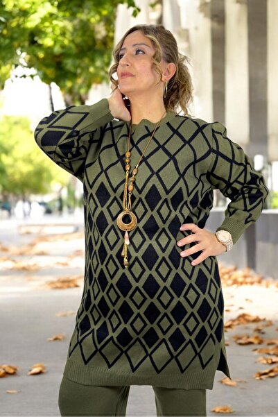 yagmurberen Geometric Patterned Accessory Detail Mini Slip 100% Acrylic Fabric Large Size Bottom Top Suit