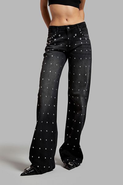 its basic Women's Dark Smoked Baggy Flared Fit Denim Trousers - T2W41
