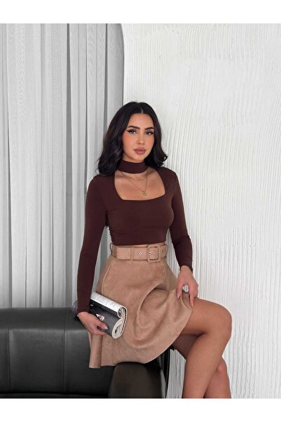 winmoda Suede Flared Skirt - Ζώνη Suede Skirt