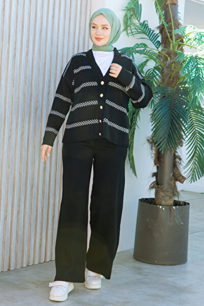 BURCU TESETTÜR Black Button Detailed Front Opening Knitwear Set 2442