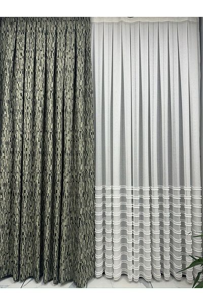 Taç Forest Green Detailed Light Green Floor Background Curtain 1/3 Close Pleat