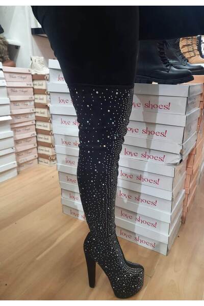 Afilli Жіночі чорні платформи на високих підборах, блискучі панчохи, еластичні вечірні чоботи вище коліна, довгі черевики