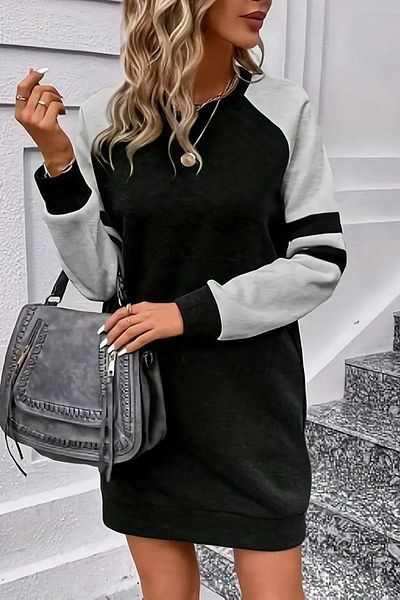 Deafox Μαύρο μακρυμάνικο κοντό φόρεμα με λαιμόκοψη με τρεις κλωστές