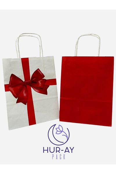 HUR-AY PACK Хартиена торбичка 18x24 см с червена панделка - 8 пликчета във формата на сърце, подарък
