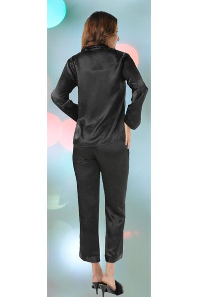 Cooqpoo Set de pijamale cu mânecă lungă din satin, cu nasturi, mărimea S-M-L-XL, negru