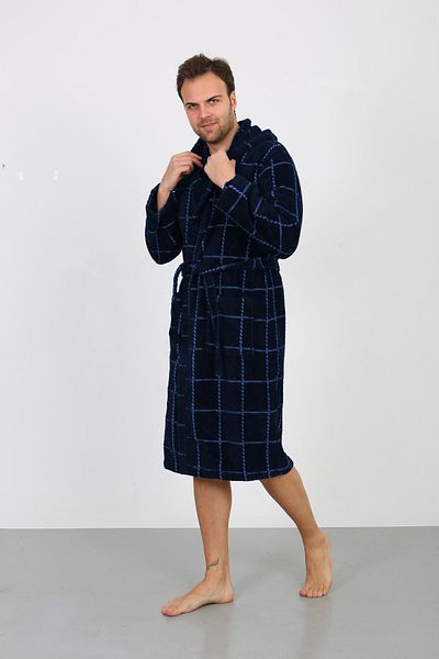 Homelover Ανδρικό μπουρνούζι με κουκούλα Navy Blue Square Ultra Luxury High Absorption - 100% βαμβάκι