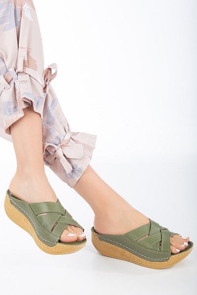 The Dortex Shoes Drttery01 Genuine Leather High Heeled Soft Full Orthopedic Slippers with Stitched Edges