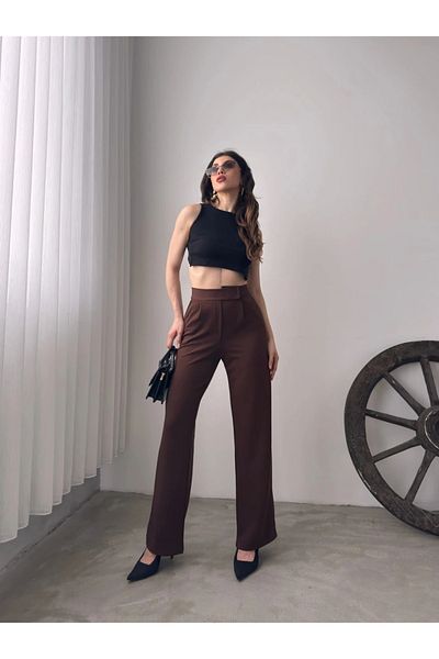 MFA FASHION Dark Brown High Waist Pleated Palazzo Trousers