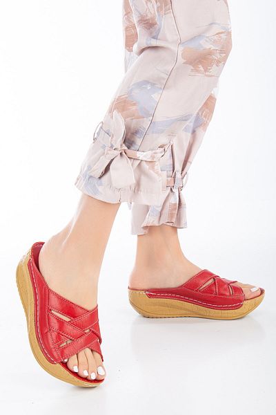 The Dortex Shoes Drttery01 Genuine Leather High Heeled Soft Full Orthopedic Slippers with Stitched Edges