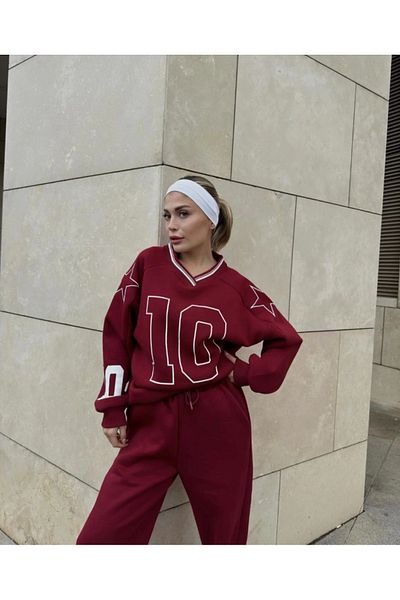 Aemido V-Neck Three Thread Sweat Suit - Claret Red