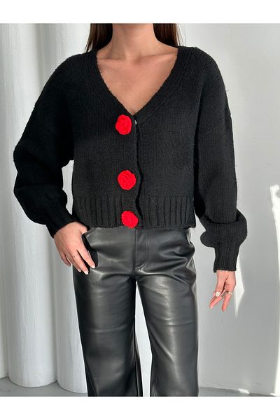 Laluvia Schwarz-Roter Cardigan mit Blumenknöpfen – 4686
