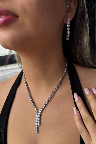 miso aksesuar takı Misotrend Silver Color Stone Detailed Necklace and Earrings Wedding Henna Engagement Bridal Set
