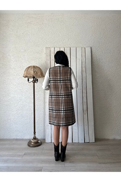 KÜÇÜĞÜM BUTİK Κοντό καφέ βαμβακερό καρό φαρδύ φόρεμα Gilet