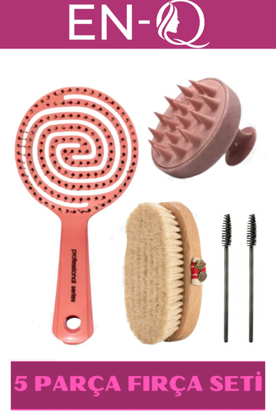 ENQ 5 Parça Fırça Seti (DOĞAL AT KILI FIRÇA - 3 BOYUTLU FIRÇA - SAÇ MASAJ FIR...