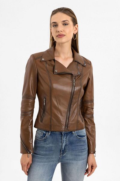 Deriderim Whiskey Zipper Biker Short Genuine Leather Women's Coat