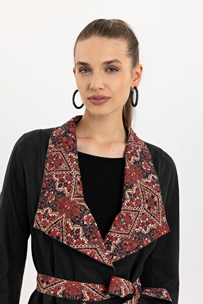 Deriderim Golia Siyah Içi Kumaşlı Beli Kemerli Çift Taraflı Kadın Hakiki Deri Kaban