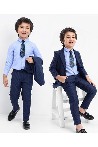Babyhug Full Sleeves Striped Party Wear Suit With Blazer- Navy & Black