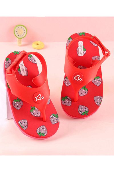 Babyoye Flip Flops with Velcro Closure Strawberry Print - Red