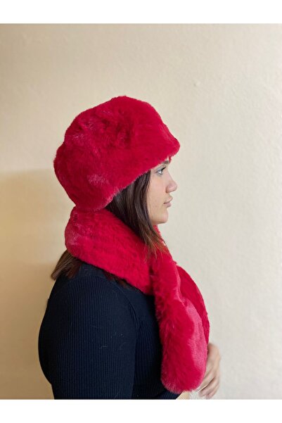 sema aksesuar Valentine's Day Gift Furry Plush Heart Hat and Scarf Set - Winter Faux Fur