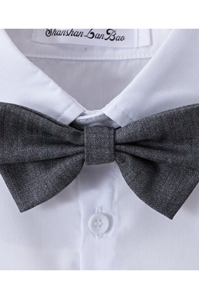 Kookie Kids Solid Shirt & Bottom Set With Suspenders & Bow Tie - White & Grey