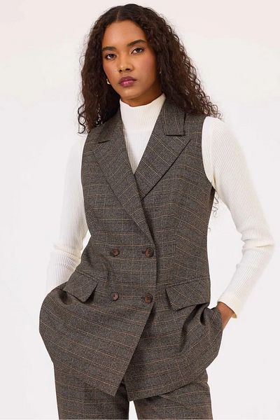 SEÇİL Women's Brown Plaid Patterned Buttoned Vest