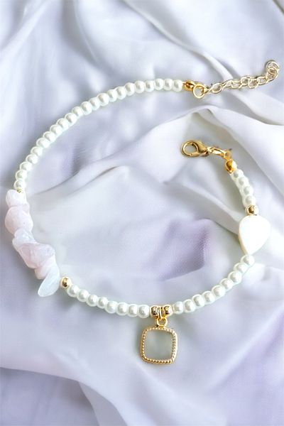 Sose Moda خلخال من الحجر الطبيعي المكسور مع تفاصيل الحجر الأبيض