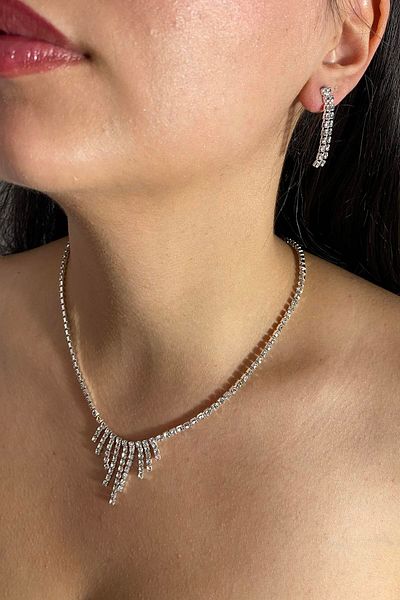 miso aksesuar takı Misotrend Silver Color Stone Detailed Necklace and Earrings Wedding Henna Engagement Bridal Set