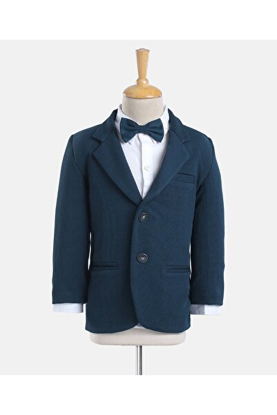 Babyhug Woven Full Sleeves Solid Party Suit with Bow Tie - Ocean Blue
