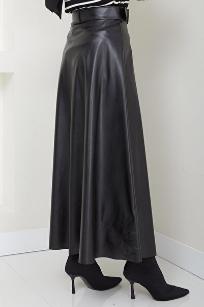 hafsamina Μαύρη δερμάτινη φούστα με ζώνη - HM2641