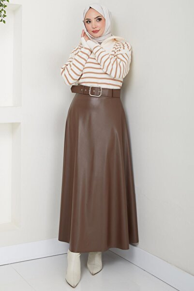 hafsamina Kemerli Deri Etek Kahverengi HM2641
