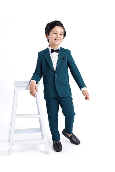 Babyhug Full Sleeves Three Piece Party Suit with Bow & Stretch - White & Teal Blue